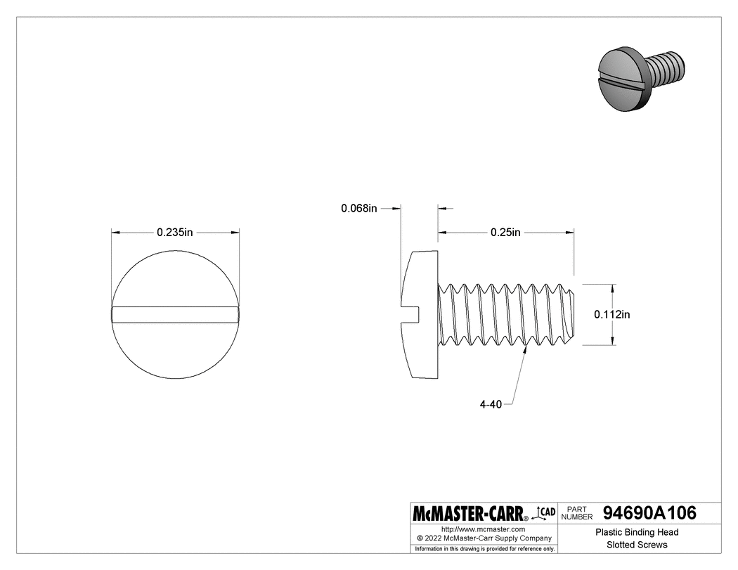 Technical Drawing of Plastic Binding Head Slotted Screws, 4-40 Thread, 1/4" Long.